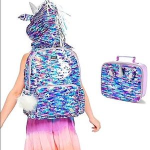 Sequins Unicorn Hood Backpack with initial V.